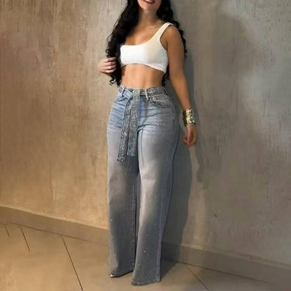 Live Only Chicme Women'S Allover Rhinestone Decor High Waist Zipper Fly Jeans Casual Wide Leg Loose Fit Denim Pants with Rhinestone Decor Belt